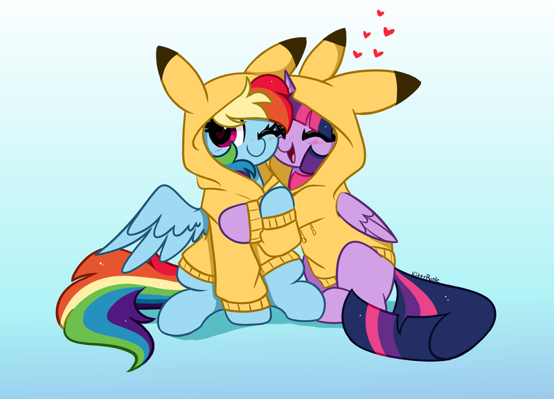 Size: 6800x4900 | Tagged: safe, artist:kittyrosie, derpibooru import, rainbow dash, twilight sparkle, twilight sparkle (alicorn), alicorn, pegasus, pikachu, pony, absurd resolution, blushing, clothes, cosplay, costume, cute, dashabetes, female, floating heart, gradient background, heart, hoodie, image, lesbian, open mouth, png, pokémon, shipping, simple background, twiabetes, twidash