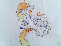 Size: 1280x960 | Tagged: safe, artist:dawn-n-night, derpibooru import, oc, oc:firegem, dracony, hybrid, dragon egg, female, image, interspecies offspring, jpeg, lined paper, lying down, offspring, parent:rarity, parent:spike, parents:sparity, solo, traditional art