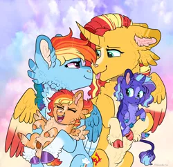 Size: 1904x1840 | Tagged: safe, artist:moccabliss, derpibooru import, rainbow dash, sunset shimmer, oc, oc:opal dusk, oc:phoenix blaze, alicorn, pegasus, pony, unicorn, alicornified, female, filly, image, lesbian, magical lesbian spawn, offspring, parent:rainbow dash, parent:sunset shimmer, parents:sunsetdash, png, race swap, shimmercorn, shipping, sunsetdash