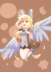 Size: 2894x4093 | Tagged: safe, artist:bubbletea, derpibooru import, derpy hooves, human, pegasus, background human, derp, food, humanized, image, mailmare, muffin, png, winged humanization, wings