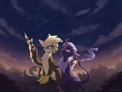 Size: 1200x900 | Tagged: safe, artist:lunarlacepony, derpibooru import, kirin oc, oc, oc:dillinger, oc:night glow, gryphon, kirin, commission, cute, griffon oc, image, jpeg, night, night sky, scenery, shooting star, sky, stargazing, wholesome, wing hands, wings