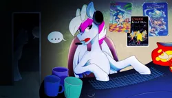 Size: 1280x731 | Tagged: safe, artist:deadly forest, derpibooru import, oc, oc:steam loco, unofficial characters only, pegasus, pony, coffee mug, commission, discworld, folded wings, gamer, goggles, headphones, image, jpeg, male, mug, pegasus oc, poster, queen (band), sitting, solo, sonic the hedgehog, sonic the hedgehog (series), speech bubble, wings, ych result