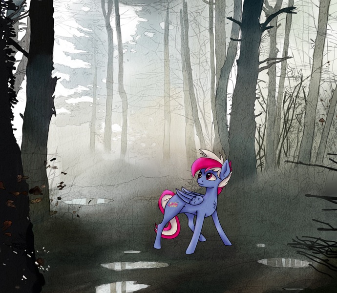 Size: 2064x1796 | Tagged: safe, artist:saintguinefort, derpibooru import, oc, oc:steam loco, unofficial characters only, pegasus, pony, commission, creepy, folded wings, forest, image, jpeg, lonely, male, pegasus oc, solo, standing, tree, wings, ych result