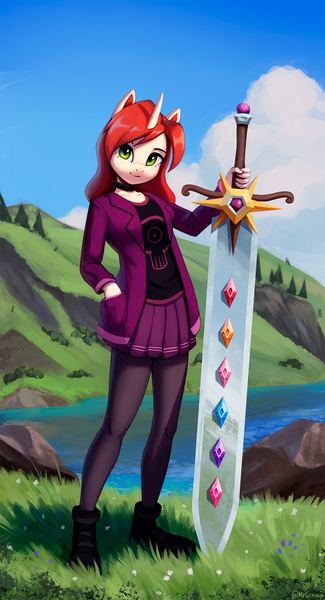 Size: 1500x2767 | Tagged: safe, artist:mrscroup, derpibooru import, oc, unofficial characters only, anthro, plantigrade anthro, unicorn, clothes, female, grass, green eyes, image, jpeg, lake, looking at you, scenery, shoes, smiling, solo, sword, tree, water, weapon