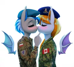 Size: 3969x3576 | Tagged: safe, artist:mrscroup, derpibooru import, oc, unofficial characters only, anthro, bat pony, bat pony oc, bat wings, beret, blushing, canada, clothes, eyes closed, floating wings, hat, image, jpeg, kissing, poland, uniform, wings