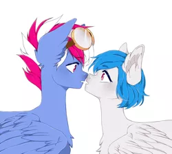Size: 1312x1174 | Tagged: safe, artist:tnobulin, derpibooru import, oc, oc:gentle winds, oc:steam loco, pegasus, pony, awkward, awkward moment, commission, cute, folded wings, goggles, image, love, oc x oc, pegasus oc, png, shipping, wings, ych result