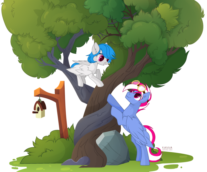 Size: 3190x2655 | Tagged: safe, artist:kawaiizhele, derpibooru import, oc, oc:gentle winds, oc:steam loco, pegasus, pony, bird house, commission, cute, folded wings, goggles, image, oc x oc, pegasus oc, png, shipping, simple background, standing, transparent background, tree, wings, ych result