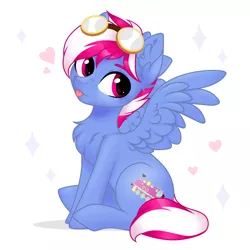 Size: 4000x4000 | Tagged: safe, artist:skairsy, derpibooru import, oc, oc:steam loco, unofficial characters only, pegasus, pony, commission, cute, cutie mark, goggles, heart, image, male, pegasus oc, png, simple background, sitting, solo, spread wings, tongue out, wings, ych result