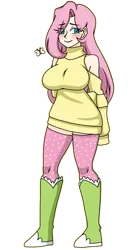 Size: 975x1818 | Tagged: safe, artist:_mssj9, derpibooru import, fluttershy, butterfly, human, insect, big breasts, blushing, boots, breasts, busty fluttershy, clothes, eyebrows, eyebrows visible through hair, eye clipping through hair, humanized, image, long hair, long sleeves, long socks, looking away, png, shoes, solo, sweater, sweatershy, turtleneck