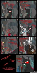 Size: 2109x4177 | Tagged: safe, artist:srmario, derpibooru import, queen chrysalis, changeling queen oc, oc, oc:amanita, oc:doctiry, oc:reinflak, alicorn, changeling, changeling queen, dragon, pony, alicorn oc, bust, cave, changeling oc, clothes, comic, confused, dragon oc, female, holding a pony, horn, horns, image, male, mare, png, red eyes, wings