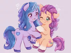 Size: 2369x1776 | Tagged: safe, artist:moh_mlp2, derpibooru import, izzy moonbow, sunny starscout, earth pony, pony, unicorn, duo, female, g5, heart, image, jpeg, mare, purple background, simple background