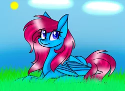 Size: 1753x1286 | Tagged: safe, artist:donnie-moon, derpibooru import, oc, unofficial characters only, pegasus, pony, eyelashes, female, grass, image, lying down, mare, outdoors, pegasus oc, png, prone, smiling, solo, wings