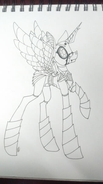 Size: 1440x2560 | Tagged: safe, artist:donnie-moon, derpibooru import, oc, unofficial characters only, alicorn, pony, robot, robot pony, alicorn oc, female, horn, image, jpeg, lineart, mare, raised hoof, solo, traditional art, wings