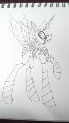 Size: 1440x2560 | Tagged: safe, artist:donnie-moon, derpibooru import, oc, unofficial characters only, alicorn, pony, robot, robot pony, alicorn oc, female, horn, image, jpeg, lineart, mare, raised hoof, solo, traditional art, wings