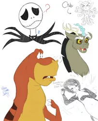 Size: 659x811 | Tagged: safe, artist:chibi-n92, derpibooru import, discord, dinosaur, draconequus, human, bust, crossover, image, jack skellington, male, png, signature, simple background, the nightmare before christmas, white background