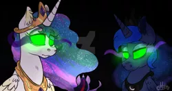 Size: 1024x544 | Tagged: safe, artist:millefaller, derpibooru import, princess celestia, princess luna, twilight sparkle, alicorn, pony, black background, bust, deviantart watermark, female, glowing eyes, image, implied king sombra, jpeg, mare, mind control, obtrusive watermark, peytral, royal sisters, siblings, signature, simple background, sisters, sombra eyes, watermark