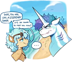 Size: 868x747 | Tagged: safe, artist:lastnight-light, derpibooru import, oc, oc:high tide, oc:typhoon, unofficial characters only, original species, pegasus, pony, shark, shark pony, unicorn, beach, female, image, male, mare, png, stallion