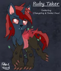 Size: 1817x2113 | Tagged: safe, artist:mihaynoms, derpibooru import, oc, oc:ruby taker, changeling, original species, timber pony, timber wolf, image, introduction, png, species swap, timberling, unique species