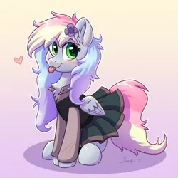 Size: 2480x2480 | Tagged: safe, artist:dandy, derpibooru import, oc, oc:blazey sketch, unofficial characters only, pegasus, blushing, chest fluff, clothes, ear fluff, female, flower, flower in hair, gradient background, heart, image, looking at you, multicolored hair, png, sitting, skirt, solo, tongue out, vest, wings