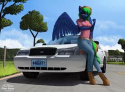 Size: 7706x5671 | Tagged: safe, artist:clear vision, derpibooru import, oc, oc:twisted cyclone, unofficial characters only, anthro, pegasus, unguligrade anthro, car, clothes, commission, explicit source, female, ford, ford crown victoria, image, jeans, pants, pegasus oc, png, solo, wings