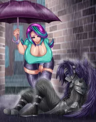 Size: 1419x1800 | Tagged: suggestive, artist:fenrox, derpibooru import, starlight glimmer, oc, oc:rox, human, beanie, big breasts, breasts, busty starlight glimmer, commission, hat, huge breasts, humanized, image, jpeg, nipples, nudity, rain, umbrella