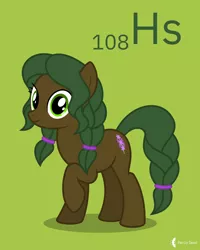 Size: 4000x5000 | Tagged: safe, artist:parclytaxel, derpibooru import, oc, oc:hyacinth, unofficial characters only, earth pony, pony, series:joycall6's periodic table, .svg available, absurd resolution, braid, braided tail, chemistry, commission, female, green background, hassium, image, looking at you, mare, periodic table, png, raised hoof, simple background, smiling, solo, vector