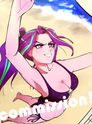 Size: 2277x3083 | Tagged: safe, artist:amazingpuffhair, derpibooru import, aria blaze, equestria girls, armpits, barefoot, beach, bikini, breasts, cleavage, clothes, commission, disguise, disguised siren, feet, image, jpeg, ocean, pigtails, sand, solo, sports, swimsuit, text, twintails, volleyball