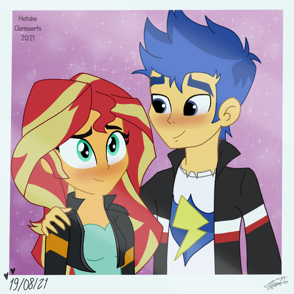 Size: 1000x1000 | Tagged: safe, artist:hatakeclarissa, derpibooru import, flash sentry, sunset shimmer, equestria girls, blushing, female, flashimmer, image, jpeg, male, shipping, straight