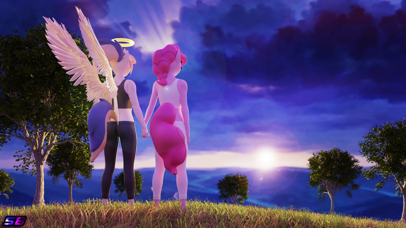 Size: 3840x2160 | Tagged: safe, artist:shadowboltsfm, derpibooru import, pinkie pie, oc, oc:kali, anthro, plantigrade anthro, 3d, 4k, angel, beautiful, blender, halo, holding hands, image, not sfm, png