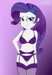 Size: 6732x9709 | Tagged: suggestive, artist:alandssparkle, derpibooru import, rarity, equestria girls, belly button, bra, breasts, busty rarity, clothes, female, frilly underwear, garter belt, garters, gradient background, hand on hip, image, lingerie, looking at you, panties, png, purple underwear, sexy, signature, simple background, socks, solo, solo female, stockings, thigh gap, thigh highs, underass, underwear