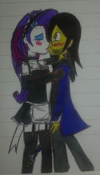 Size: 382x664 | Tagged: safe, artist:karadeg, derpibooru import, rarity, oc, oc:karadeg, equestria girls, clothes, derpibooru exclusive, doctor who, image, jpeg, kissing, maid, shipping, sonic screwdriver, surprise kiss