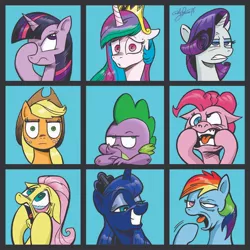 Size: 600x600 | Tagged: safe, artist:andypriceart, derpibooru import, idw, applejack, fluttershy, pinkie pie, princess celestia, princess luna, rainbow dash, rarity, spike, twilight sparkle, dragon, pony, bust, crying, eyelid pull, facehoof, faic, female, floppy ears, image, jpeg, looking at you, male, mane seven, mane six, mare, portrait, rarity is not amused, royal sisters, siblings, silly face, sisters, smiling, smugluna, spike is not amused, the brady bunch, thousand yard stare, twilight is not amused, unamused
