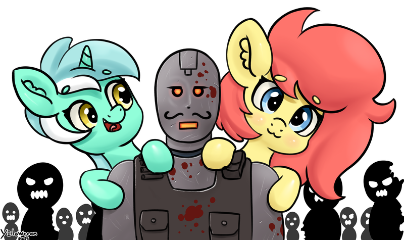 Size: 3996x2371 | Tagged: safe, artist:yelowcrom, derpibooru import, lyra heartstrings, oc, oc:brushie, unofficial characters only, earth pony, pony, robot, undead, unicorn, zombie, blood, blushing, call of duty zombies, ear fluff, female, german, image, klaus, mare, png