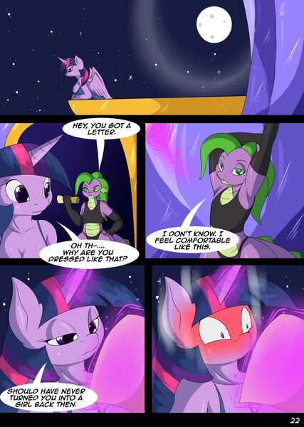 Size: 1280x1799 | Tagged: questionable, artist:suirano, spike, twilight sparkle, alicorn, dragon, pony, comic:temptation, comic:temptation (chapter 7), breasts, busty twilight sparkle, comic, crossdressing, dialogue, femboy, femboy spike, image, jpeg, male