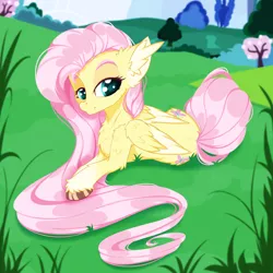 Size: 2500x2500 | Tagged: safe, artist:rurihal, derpibooru import, fluttershy, pegasus, pony, chest fluff, ear fluff, grass, image, looking at you, lying down, png, tree