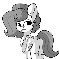 Size: 3000x3000 | Tagged: safe, artist:tjpones, derpibooru import, oc, oc:brownie bun, unofficial characters only, earth pony, pony, horse wife, black and white, butt, cigarette, female, grayscale, image, iron, lidded eyes, looking at you, looking back, looking back at you, mare, monochrome, plot, png, pun, simple background, solo, visual pun, white background