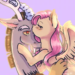 Size: 2048x2048 | Tagged: safe, artist:troublesomeowo, derpibooru import, discord, fluttershy, draconequus, pegasus, pony, blushing, bust, discoshy, eyes closed, female, floppy ears, forehead kiss, high res, image, kissing, lens flare, male, mare, png, shipping, smiling, spread wings, straight, wings