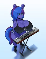 Size: 2000x2550 | Tagged: suggestive, artist:somescrub, derpibooru import, oc, oc:blue monday, unofficial characters only, anthro, unicorn, breasts, bring me the horizon, clothes, female, image, keyboard, musical instrument, png, shorts, simple background, solo, standing, tanktop