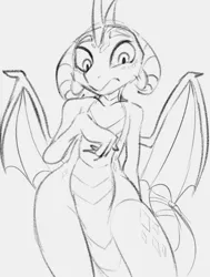 Size: 616x815 | Tagged: safe, artist:dotkwa, derpibooru import, princess ember, dragon, dragoness, female, grayscale, image, looking at something, monochrome, png, solo