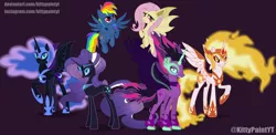 Size: 1280x627 | Tagged: safe, artist:angellight-bases, artist:arcticwindsbases, artist:intfighter, artist:kittypaintyt, artist:pegasister64, artist:polymercorgi, derpibooru import, daybreaker, fluttershy, nightmare moon, nightmare rarity, rainbow dash, twilight sparkle, ponified, alicorn, bat pony, pegasus, pony, unicorn, equestria girls, secrets and pies, base used, bat ponified, crown, equestria girls ponified, evil grin, evil pie hater dash, female, flutterbat, flying, grin, image, jewelry, jpeg, looking at you, mane of fire, mare, midnight sparkle, purple background, race swap, regalia, simple background, smiling, spread wings, wings