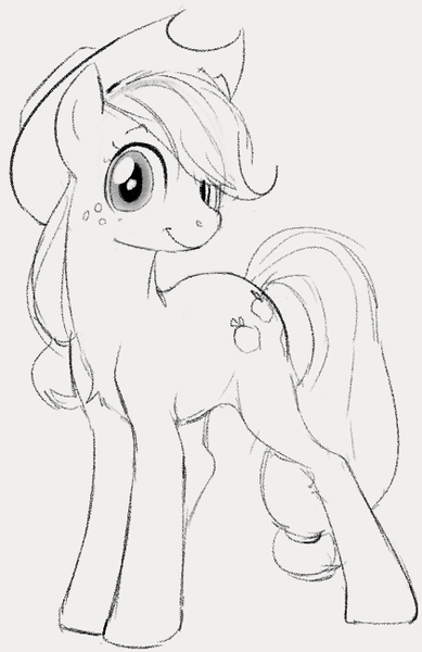 Size: 421x650 | Tagged: safe, artist:dotkwa, derpibooru import, applejack, earth pony, pony, applejack's hat, cowboy hat, cute, female, grayscale, hat, image, looking at you, mare, monochrome, png, solo