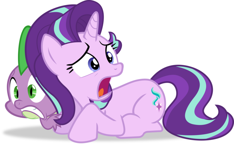 Size: 4872x3000 | Tagged: safe, artist:frownfactory, derpibooru import, spike, starlight glimmer, dragon, pony, unicorn, the crystalling, cowering, female, horn, image, mare, open mouth, png, simple background, transparent background, vector