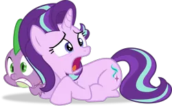 Size: 4872x3000 | Tagged: safe, artist:frownfactory, derpibooru import, spike, starlight glimmer, dragon, pony, unicorn, the crystalling, cowering, female, horn, image, mare, open mouth, png, simple background, transparent background, vector