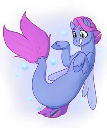 Size: 1072x1280 | Tagged: safe, artist:princelyy, derpibooru import, oc, unofficial characters only, pegasus, pony, seapony (g4), bubble, digital art, dorsal fin, fin wings, fish tail, flowing mane, gray eyes, image, jpeg, male, pink mane, seaponified, signature, simple background, smiling, solo, species swap, tail, teeth, underwater, unshorn fetlocks, water, wings