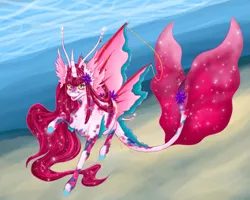 Size: 1253x1000 | Tagged: safe, artist:terra-bites, derpibooru import, oc, unofficial characters only, original species, digital art, ethereal mane, female, fin wings, flowing mane, flowing tail, horn, image, northling, ocean, pink mane, png, sand, smiling, solo, sparkles, starry mane, sunlight, swimming, tail, tongue out, underwater, water, wings, yellow eyes