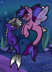 Size: 736x1008 | Tagged: safe, artist:doodle-hooves, derpibooru import, oc, unofficial characters only, pegasus, pony, seapony (g4), unicorn, bubble, clothes, digital art, dorsal fin, fin wings, fish tail, flowing mane, flowing tail, gay, horn, image, looking at each other, male, ocean, pink eyes, png, purple mane, rock, seaponified, seaquestria, seaweed, see-through, shipping, smiling, species swap, tail, underwater, water, wings, yellow eyes