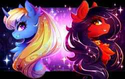 Size: 3333x2100 | Tagged: safe, artist:koveliana, derpibooru import, oc, oc:cobalt mist, oc:holley, unofficial characters only, pegasus, pony, unicorn, bust, chest fluff, chromatic aberration, duo, fangs, female, golden eyes, image, jewelry, looking at each other, necklace, png, purple eyes, smiling, stars