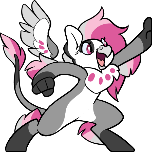 Size: 600x600 | Tagged: safe, artist:kez, derpibooru import, oc, oc:cherry feather, unofficial characters only, hippogriff, bipedal, chest fluff, high five, image, leonine tail, open mouth, pale belly, png, simple background, transparent background, vector, white belly