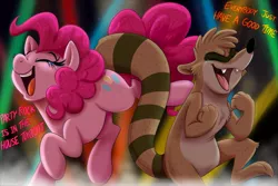 Size: 2800x1866 | Tagged: safe, artist:orlando_fox, derpibooru import, pinkie pie, earth pony, pony, raccoon, crossover, crossover shipping, crying, duo, eyes closed, female, image, jpeg, male, mare, open mouth, open smile, party, party rock anthem (lmfao feat. lauren bennett & goonrock), regular show, rigby, rigbypie, shipping, smiling, straight, tears of joy, text