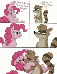 Size: 2627x3423 | Tagged: suggestive, artist:orlando_fox, derpibooru import, pinkie pie, earth pony, pony, raccoon, comic, crossover, crossover shipping, female, french kiss, heart, image, jpeg, kissing, male, mare, party rock anthem (lmfao feat. lauren bennett & goonrock), reference, regular show, rigby, rigbypie, shipping, speech bubble, straight, text, tongue out